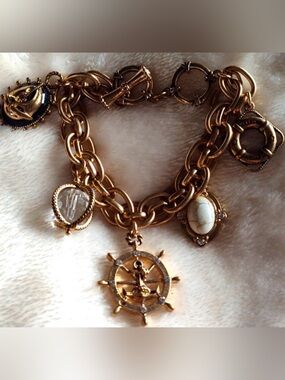 Vintage Nautical Charm Bracelet w anchor, life preserver, sailboat, crystals*